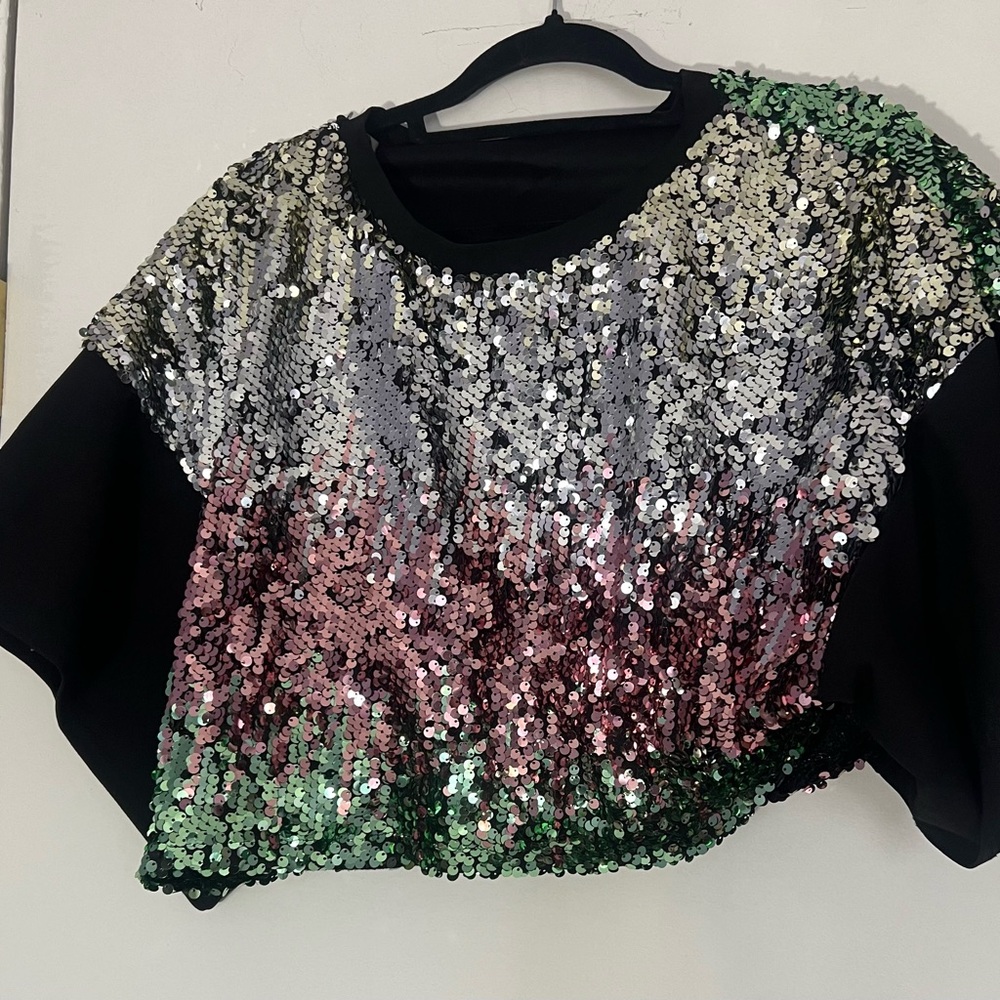 Glamorous Sequin Crop Top in Silver, Pink, and Green